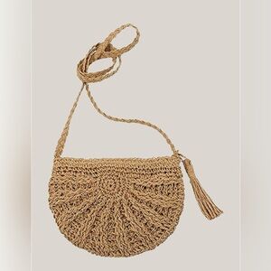 Boho Straw Crochet Crossbody Bag - Tan Woven Summer Purse with Tassel